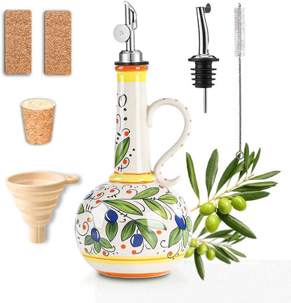 18 oz 2 Ceramic Olive Oil Dispenser Bottle - Hand-Painted Italian Kitchen Decor Oil Cruet with Spouts, Silicone Funnel