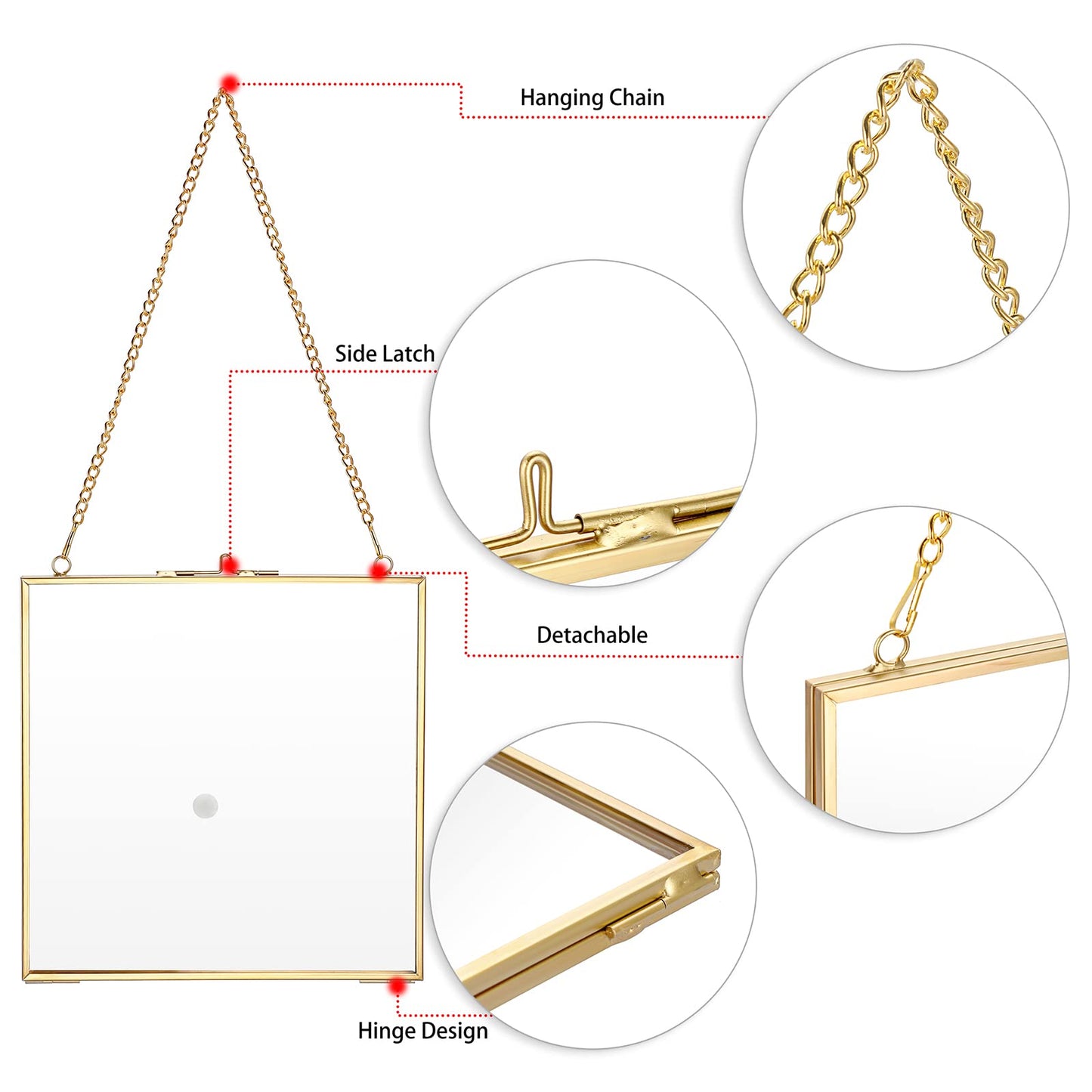 JUXYES 2 Pack Wall Hanging Brass Frame for Pressed Flowers, Glass Floating Frames for Display Dried Flowers Artwork, Double Glass Floating Style Square Gallery Wall Frame for Plants Photo Picture Poster etc