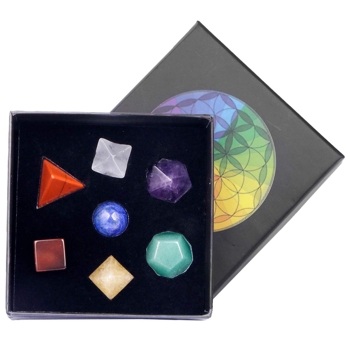Rockcloud 7 Chakra Platonic Solids Sacred Geometry with Merkaba Star Set, Healing Crystal Faceted Gemstones for Meditation Reiki Balancing, Pack of 7