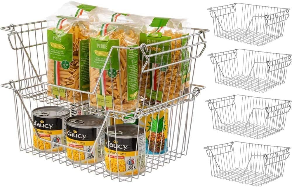 Stackable Wire Metal Baskets, Sturdy Cabinet Organizer for Home, Bathroom, Kitchen, Chrome, 3 Packs