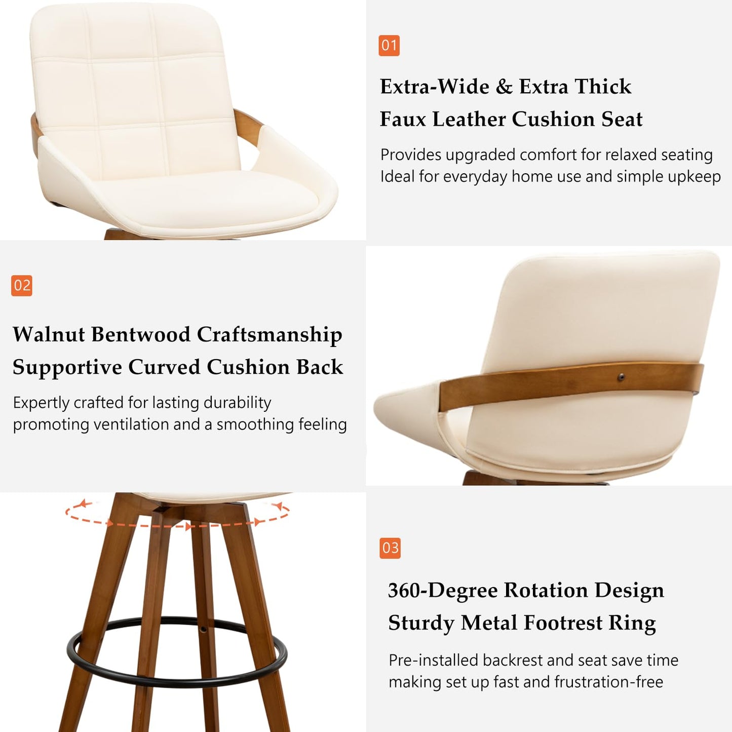 Mid Century Modern Swivel Bar Stools Set of 2, 29” Bar Height, Upholstered Faux Leather Seat with Curved Bentwood Back & Arms, Solid Bamboo Legs with Walnut Finish, Kitchen Island Bar Chairs, Beige
