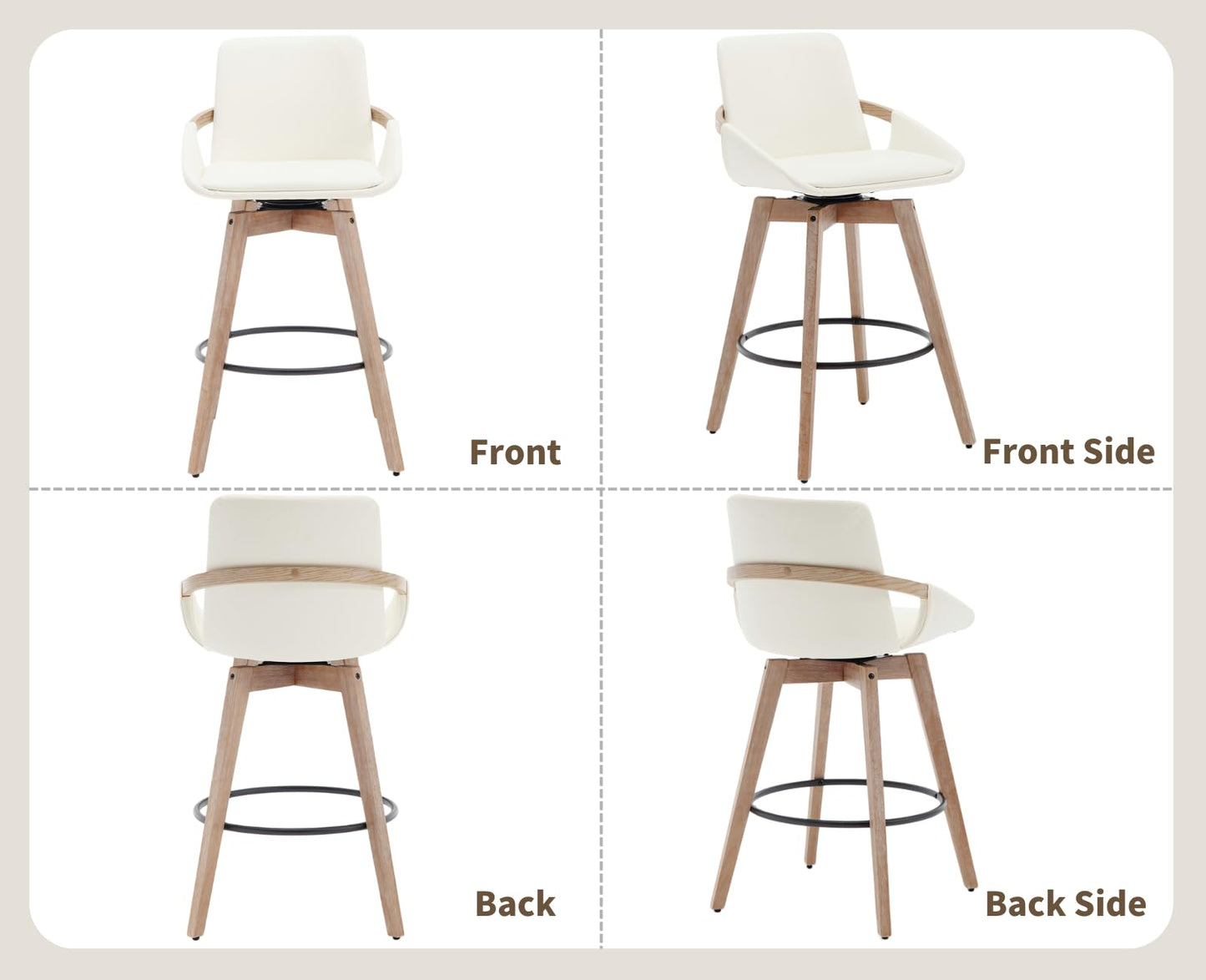 CIMOTA Leather Swivel Bar Stools Set of 4, Mid-Century Modern Counter Height Chairs with Faux PU Upholstery and Natural Wooden Legs for Kitchen Island, 26 Inch/Beige
