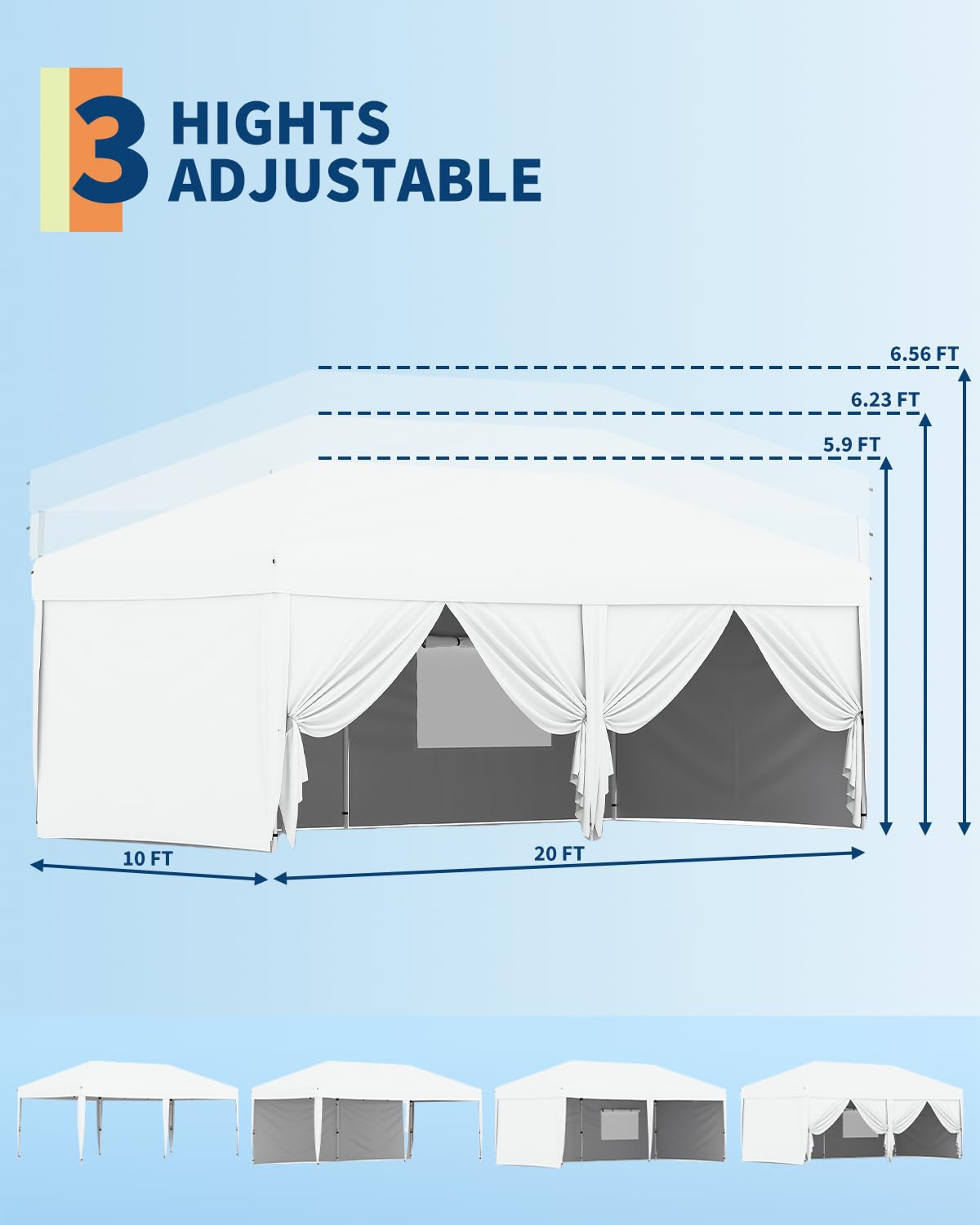 Garvee 10x20 Pop Up Canopy with 6 Sidewalls, Beach Ten with One Push Setup, Reinforced Frame, Outdoor Easy Up Canopy Tent with Portable Roller Bag, Adjustable Height, Sandbags, Silver Coated, White