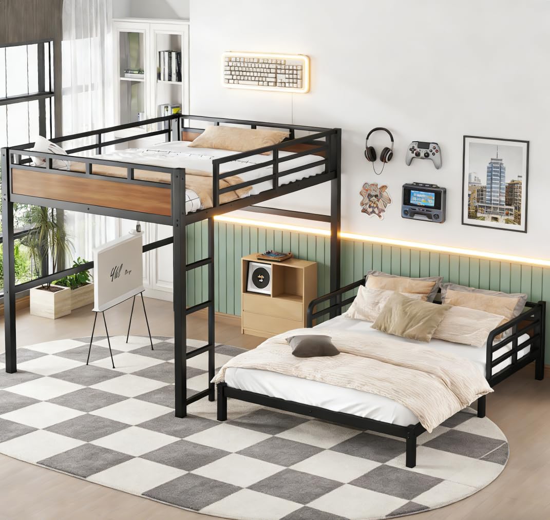 Bellemave Detachable Bunk Bed Queen Over Queen, Metal Bunk Bed with Guardrails, Queen Size Loft beds for Kids, Teens & Adults（Walnut Color）
