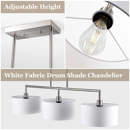 47" Linear Kitchen Island Lighting 3-Light Brushed Nickel Chandelier with White Fabric Drum Shade Adjustable Hanging Pendant Light for Dining Room Light Fixtures Over Table,Kitchen,Bar,Living Room,E26
