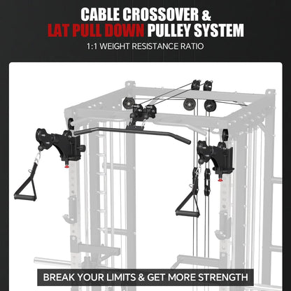 FAGUS H Black Commercial Smith Machine with Smith Bar, 4000LB Power Cage Squat Rack with Lever Arm, Leg Press, LAT Pull Down System, Multi-Function Linear Bearing Cable Crossover Machine for Home Gym