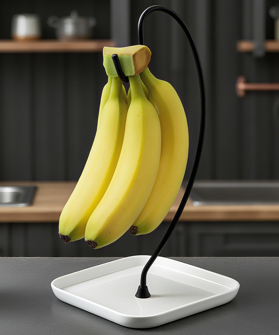 VROOMIUM Banana Holder Stand with Ceramic Bowl - Holds Up to 5 Pounds Bananas, Hassle-free Cleaning, Stylish and Chic Design Banana Rack - Chic Black