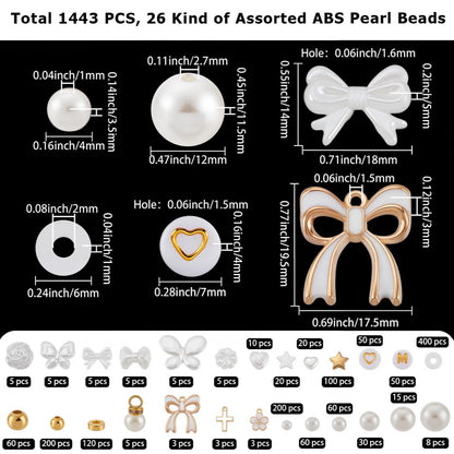 BEAMARKER 1443Pcs Assorted Pearl Beads Bracelet Making Kit Flower Bow Butterfly Star Heart Round Alphabet Gold Spacer Bead Acrylic Alloy Enamel Clay Charms Pendants for DIY Jewelry Bracelet Necklace