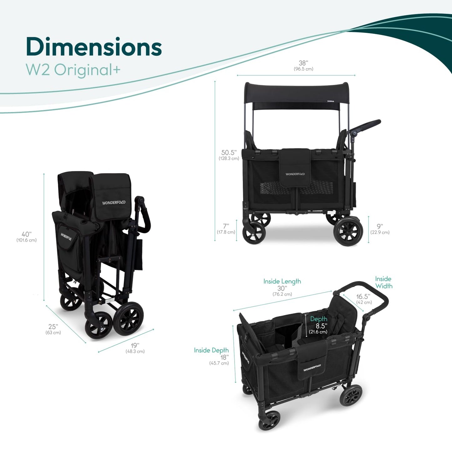 WonderFold W2 Stroller Wagon - Foldable Wagon with Steel Frame - Canopy & Adjustable Push Handle - All-Terrain Wheels - for Babies, Toddlers & Kids - 2 Seater - Black