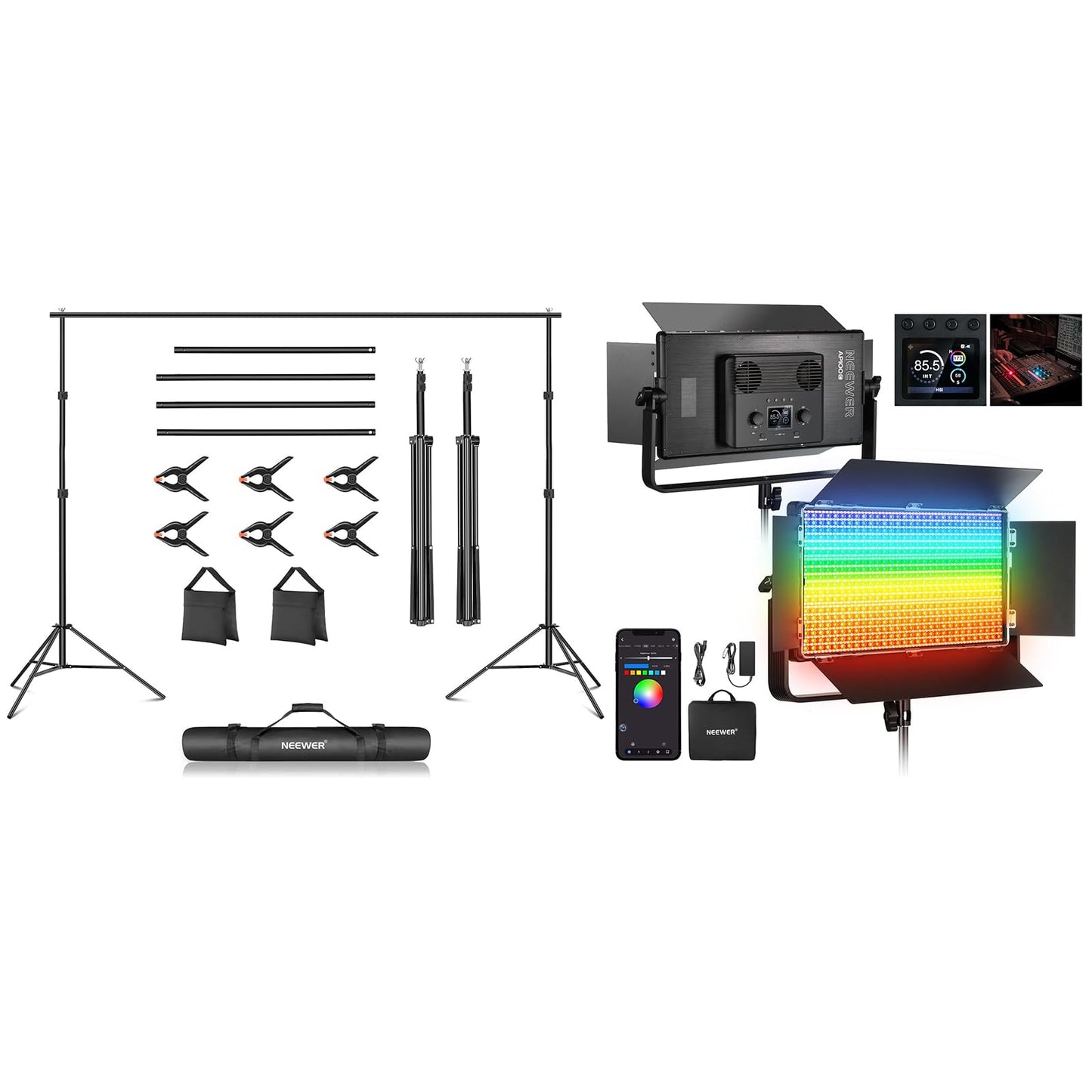 NEEWER Photo Studio Backdrop Support System + AP100C 105W RGB LED Panel Video Light with Barn Doors Dual Cooling Fans, Background Stand with 4 Crossbars, 6 Clamps, 2 Sandbags, Bag, Max Load 8.8lb/4kg
