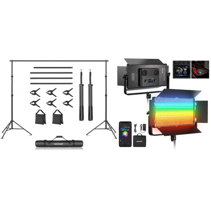 NEEWER Photo Studio Backdrop Support System + AP100C 105W RGB LED Panel Video Light with Barn Doors Dual Cooling Fans, Background Stand with 4 Crossbars, 6 Clamps, 2 Sandbags, Bag, Max Load 8.8lb/4kg