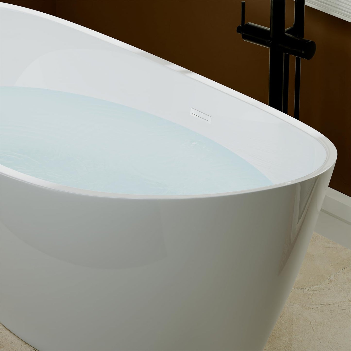 Empava 59" Freestanding Bathtub – Deep Soaking Acrylic Tub for Small Bathroom, Non-Slip Flatbottom, Stress Relief Home Spa, Brushed Nickel Drain & Overflow, Single Adult, Glossy White