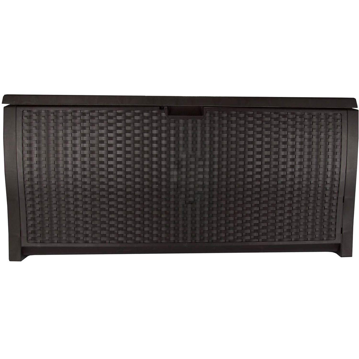 Suncast 99 Gallon Plastic Wicker Deck Box Container Storage for Garden, Garage, Home, Pool, Indoor and Outdoor Use, Mocha (2 Pack)