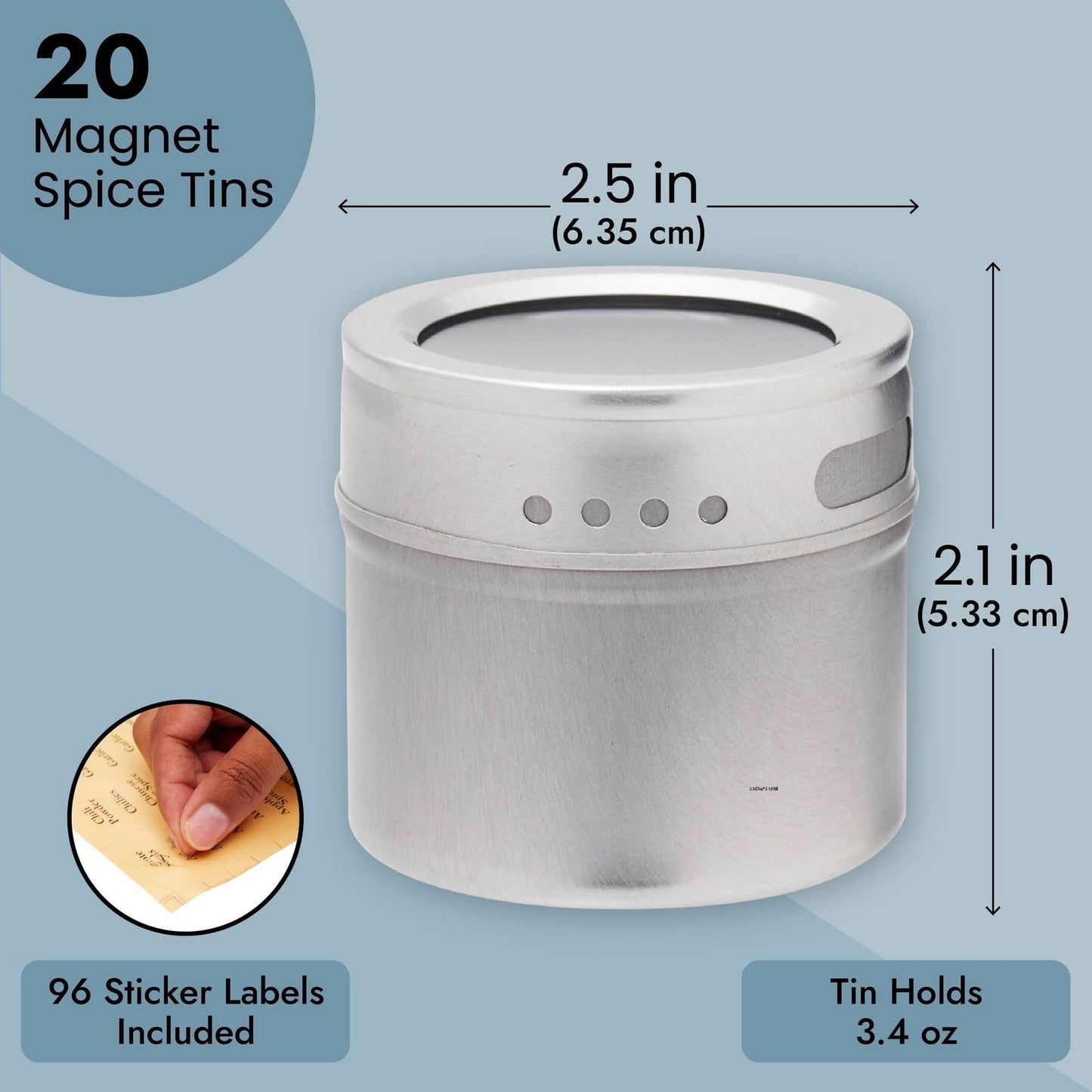 Juvale 20 Pack Magnetic Spice Containers for Refrigerator with 94 Labeling Stickers, Seasoning Jars with Clear Sift and Pour Top Lids (3.4 oz Magnetic Spice Jars)