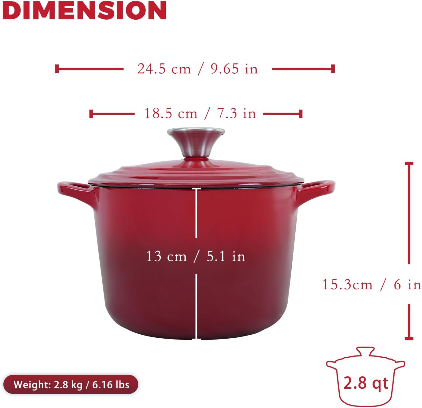 2.8 Flavehc Dutch Oven Pot with Lid qt Cast Iron Dutch Oven for Bread Baking Red Enameled Cast Iron Rice Pot