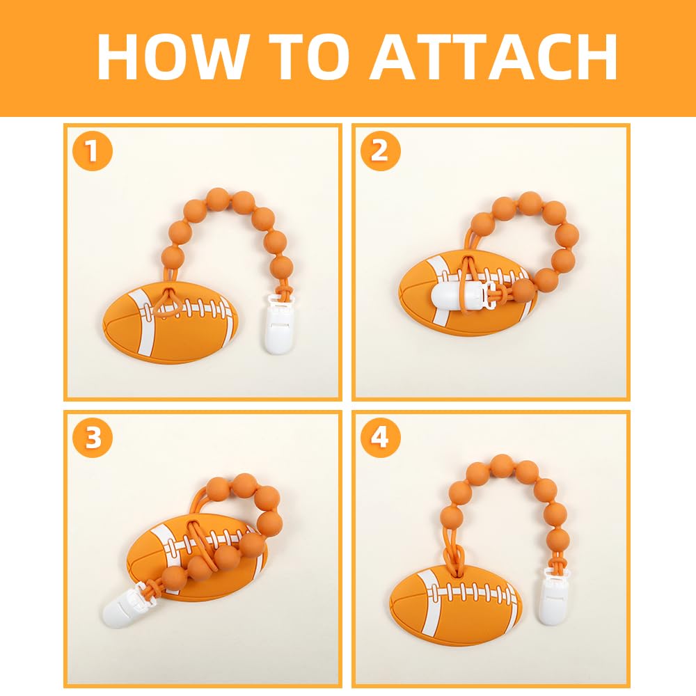 Baby Food Grade Silicone Sport Ball Teether Toy with Pacifier Clip Holder,Teething Pain Relief Toys Gift Set for 3 Months+ Boys and Girls,Freezer Safe,BPA Free. (American Football)