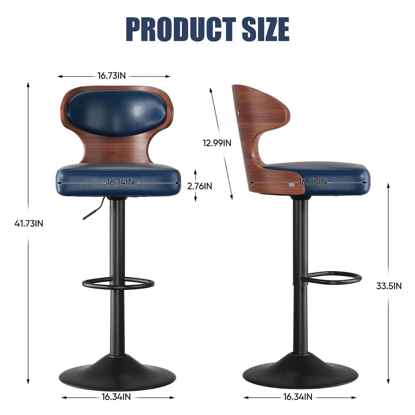 Daluvenix Bar Stools Set of 4 Adjustable Height Swivel Bar Stools Faux Leather Upholstered Bentwood Barstools with Back & Footrest Bar Chair for Dining Room Kitchen Blue