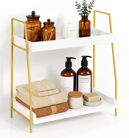 Bathroom Counter Organizer, 2-Tier Makeup Organizer, Wooden Bathroom Organizers and Storage for Skincare Perfume, Stylish Vanity Organizer with Gold Metal Frame for Bath Kitchen Bedroom (White&Gold)