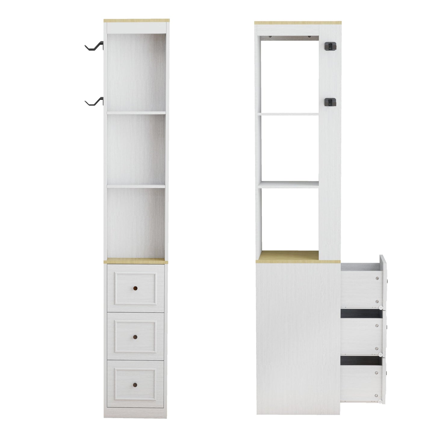 Havemies 73 Inch Media Storage Cabinet with Integrated Organization System, Antique White Slim Design Features 3 Drawers and Hooks for CD DVD and Game Console Display