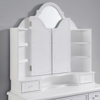 24/7 Shop at Home Nyx Traditional 3-Piece Wood 5 Drawers Makeup Vanity Table, Tri-Fold Mirror and Stool Set with Jewelry Storage, 7 Shelves, Padded Seat for Bedroom, Dressing Room, White and Gray
