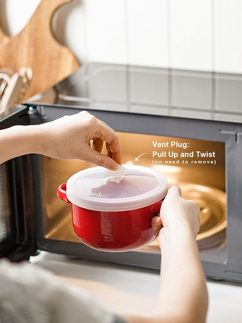 LE TAUCI Ceramic Soup Bowls - 28 oz Ramen Bowls with Handles & Silicone Lids | Microwavable, Oven Safe, Set of 2, Red