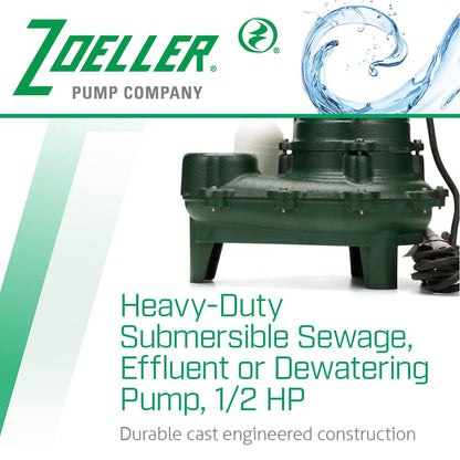 Zoeller Waste-Mate 267-0001 Sewage Pump, 1/2 HP Automatic – Heavy-Duty Submersible Sewage, Effluent or Dewatering Pump