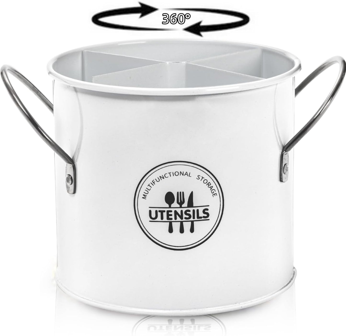Vintage Farmhouse Utensil Holder, 4 Compartment Metal Cutlery Caddy with Removable Divider, White