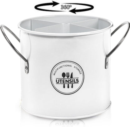 Vintage Farmhouse Utensil Holder, 4 Compartment Metal Cutlery Caddy with Removable Divider, White