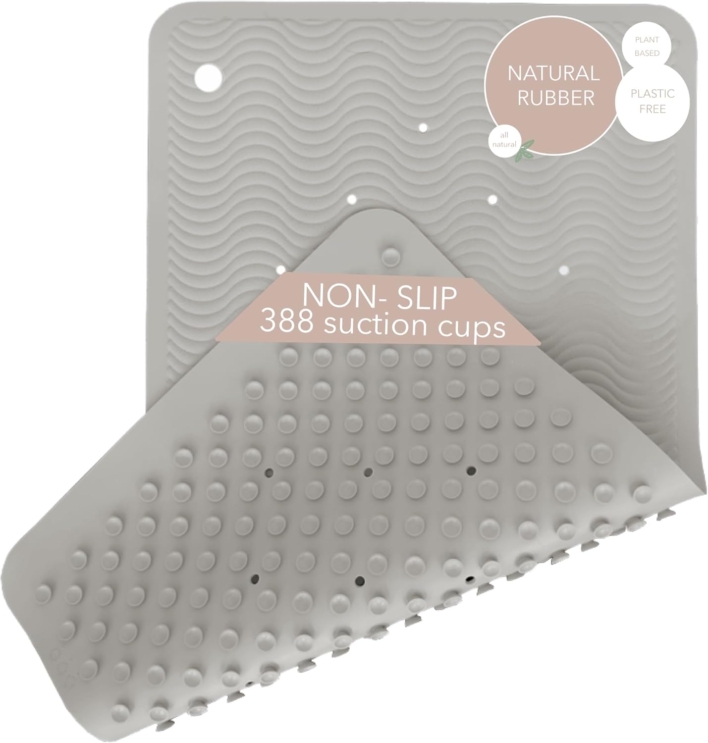 28 16 388 HEVEA Natural Rubber Wave Bath Mat Long in - Non-Slip Shower & Bathtub Mat with Suction Cups, Plastic-Free