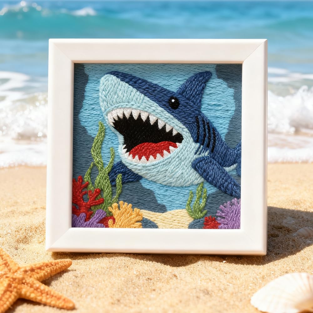 INFUNLY Blue Shark Punch Needle Kit 9.4x9.4 inches Punch Needle Embroidery Kits Ocean Animal DIY Needles Stitching Kits for Beginners with Instruction Yarns Christmas Birthday Hanging Decor