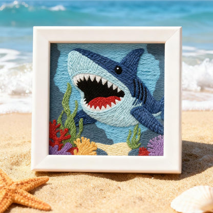 INFUNLY Blue Shark Punch Needle Kit 9.4x9.4 inches Punch Needle Embroidery Kits Ocean Animal DIY Needles Stitching Kits for Beginners with Instruction Yarns Christmas Birthday Hanging Decor