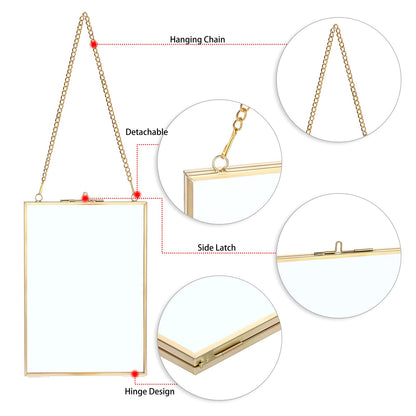 JUXYES Set of 2 Wall Hanging Brass Frames Ornament for Pressed Flowers, Double Glass Hanging Picture Artwork Display Frame, Vertical Gold Floating Style Gallery Wall Frame for Photo Picture Poster etc, 5x7 Inches