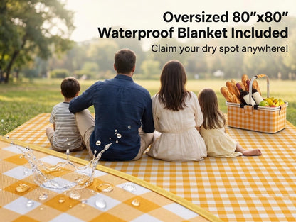 22L Collapsible Picnic Basket with Insulated Cooler, Includes Oversized 80"x80" Waterproof Blanket, Leakproof Aluminum Frame Market Grocery Tote for Family Camping, Beach & Outdoor Dates Yellow Plaid