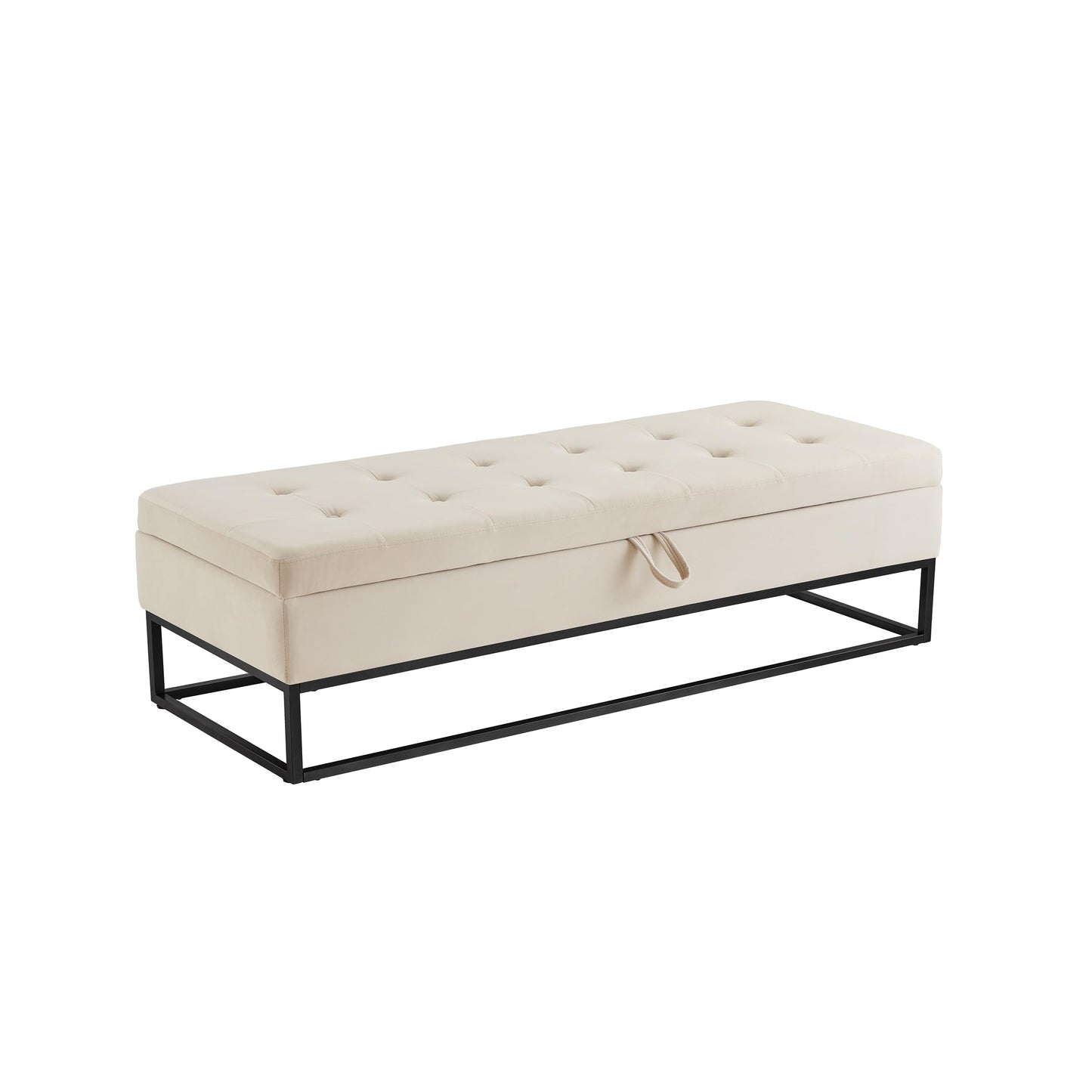 GDFStudio 59" Mid-Century Modern Bed Bench, Storage Ottoman Bench, Large Button Tufting Lift-Top Velvet Ottoman Foot Rest with Metal Base, Upholstered Oversized Pouf for Living Room Bedroom, Beige
