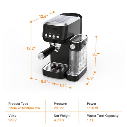MAttinata Cappuccino Machine 20 Bar, Professional Espresso Machines for Home and Office with Automatic Milk Frothering System, Barista Compact Latte Maker for Coffee Lovers, Stainless Steel-Black
