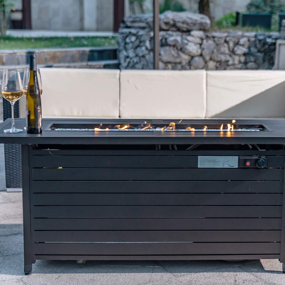 Propane Fire Pit, 50000 BTU Gas Fire Pits for Outside Patio, Rectangular Outdoor Fireplace with Lid & Waterproof Cover, Outdoor Table Heater for Deck, Garden, Backyard, Mocha