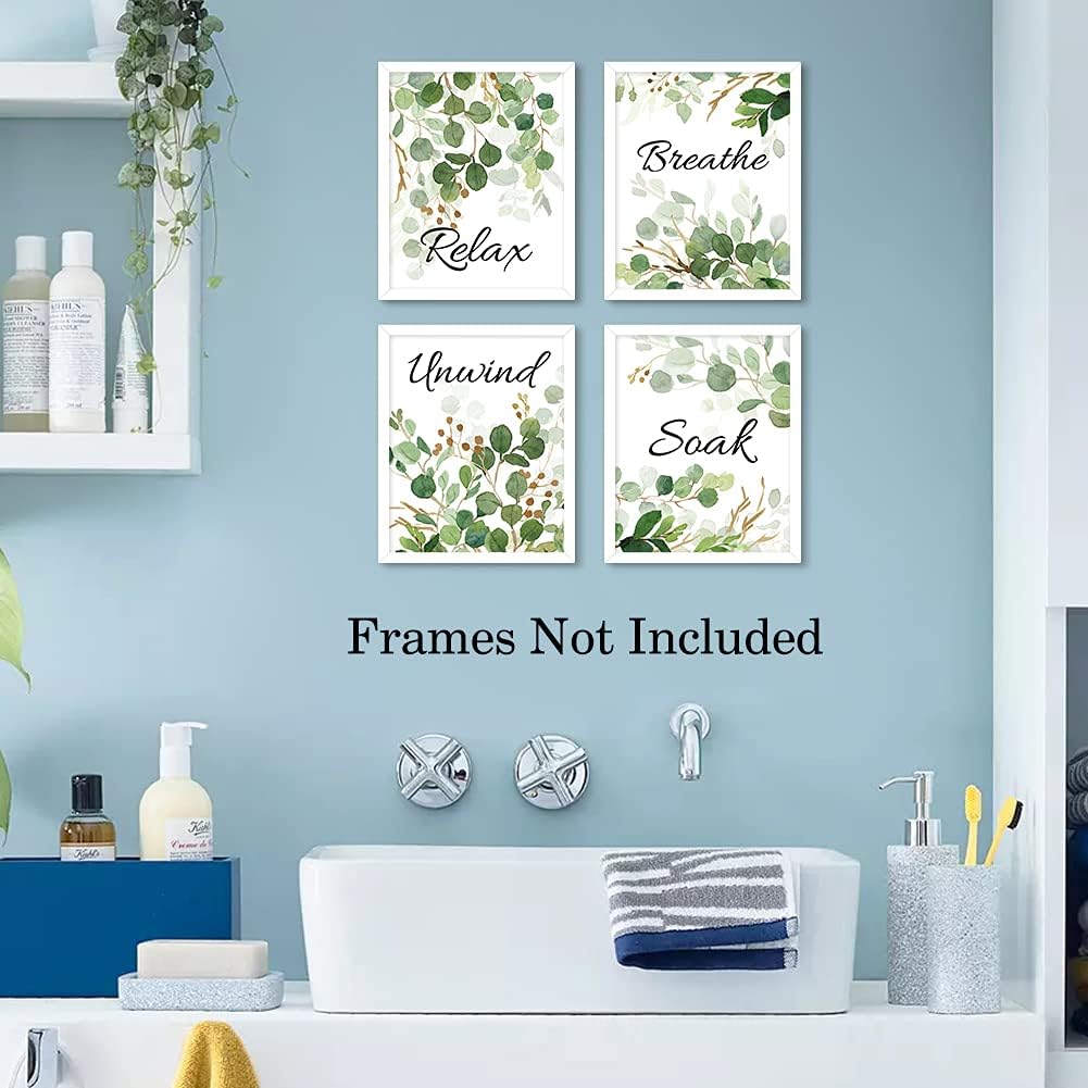 HLNIUC Green Leaf Art Print, Botanical Bathroom Quotes Wall Art Set of 4 (8X10inch, Unframed)