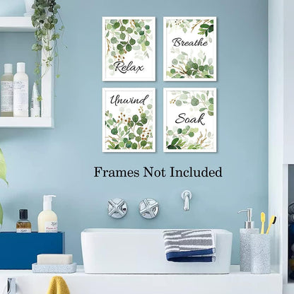 HLNIUC Green Leaf Art Print, Botanical Bathroom Quotes Wall Art Set of 4 (8X10inch, Unframed)