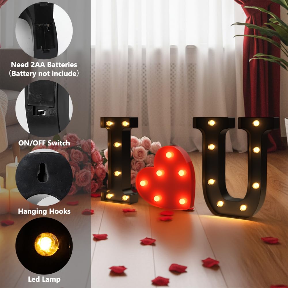 Black I LOVE U LED Marquee Sign Light Up Letters, LED Light Up Letters, Warm White Letter Lights for Wedding Proposal Decoration, I LOVE U Marquee Romantic Decorative Letter Signs, Battery Operated