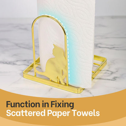 Megier Paper Towel Holder for Countertop, Kitchen Paper Towel Stand with Cat Pattern Decoration，Fit Standard Jumbo Roll in Dining Table or Bathroom, Toilet Paper Dispenser with Heavy Duty Base (Gold)