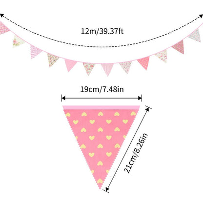 G2PLUS 39Ft Triangle Bunting Banner, 42Pcs Pink Floral Garland Pennant Banner, Reusable Cotton Triangle Flags Party Decoration for Birthday, Wedding, Garden Tea Party, Baby Shower, Room Decor