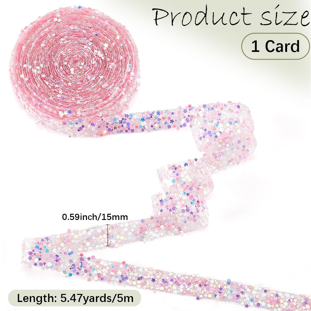 CABODYALS 5.47 Yards 15MM Pink Self Adhesive Rhinestone Ribbon Crystal Sequin Star Sticker Strips Bling Glitter Diamond Rhinestones Trim Tape Wrap Bulk Roll for Crafts Clothes Party Wedding Decoration
