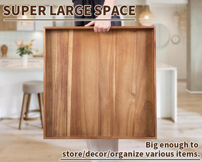 Extra Large Square Wood Tray, Generously 22" Acacia Serving Trays for Large Ottoman Coffee Table, Giant Square Shape Sofa Tray with Handles, Kitchen Organizer Storage Trays Huge Counter Serveware