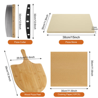 FVIEXE 4 PCS Oven Pizza Stone Set, 15 x 12 Inch Large Rectangle Pizza Stone with Wooden Pizza Peel, Pizza Cutter & 10PCS Cooking Paper for Oven & Outdoor Grill, Baking Stone Pan for Pizza, Bread