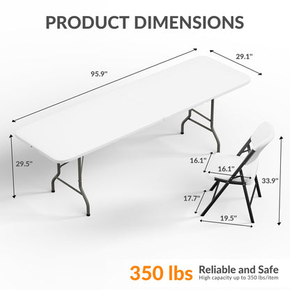 Elevon Folding Table Set with 10 White Folding Chairs,8 Feet Heavy Duty Fold-in-Half Utility Table Sets for Picnic, Event, Training, Outdoor Activities, at Home and Commercial Use