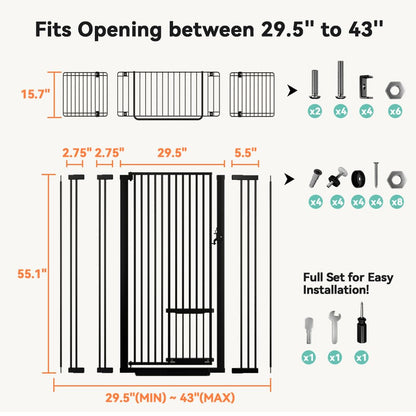 COMOMY 71" Extra Tall Pet Gate for Cats, 29.5-43" Extra Wide Cat Gate with Adjustable Cat Door, Pressure Mounted Easy Walk Through Pet Gate with Door for Stairs, Doorways, Kitchen(Black)