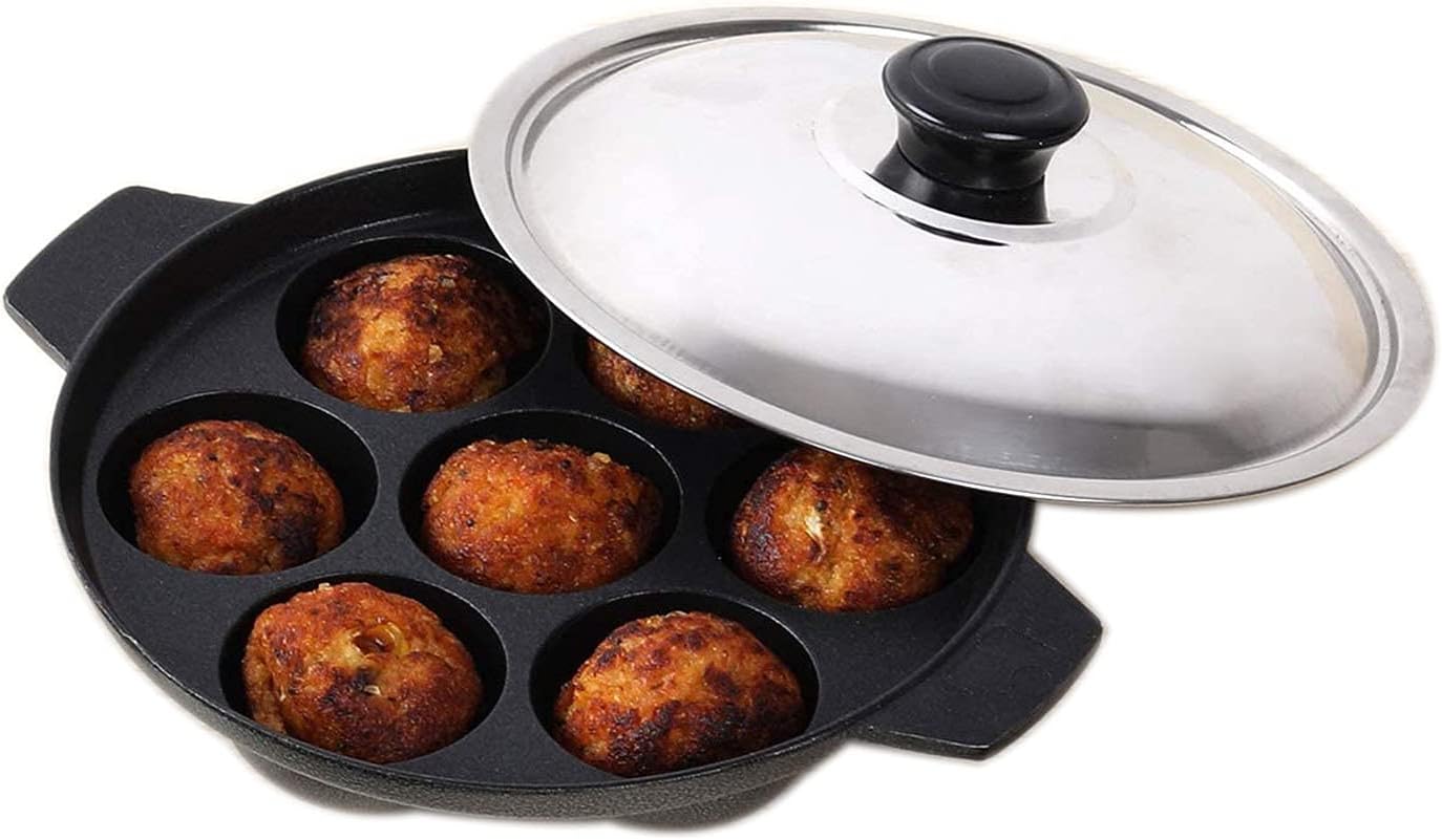 Appam Patra Paniyaral Non-Stick Paniyaram Pan with Stainless Steel Lid, 7 Balls