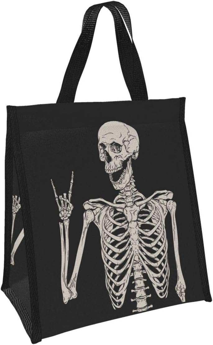 Ouqiuwa Cute Reusable Lunch Bag, Lunch Tote Handbag for Women Men, Rock and Roll Skeleton