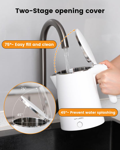 WTJMOV Electric Kettle Stainless Steel, 1.0L Small Water Boiler 1200W Fast Boiling, Double Wall Tea Kettle Pot Automatic Shut Off, Durable Coffee & Tea Maker/Warmer/Heater White