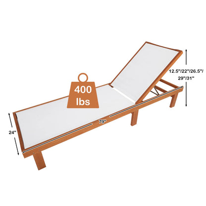 COSTWAY Set of 2 Patio Wood Chaise Lounge Chair, Strong Eucalyptus Wood Frame, 5-Position Adjustable Outdoor Recliner with White Mesh (White)